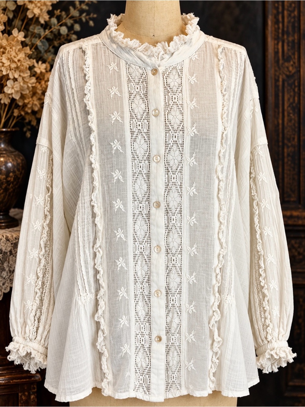 Sundance cotton prairie blouse button down lace ruffle embroidery white work xxl